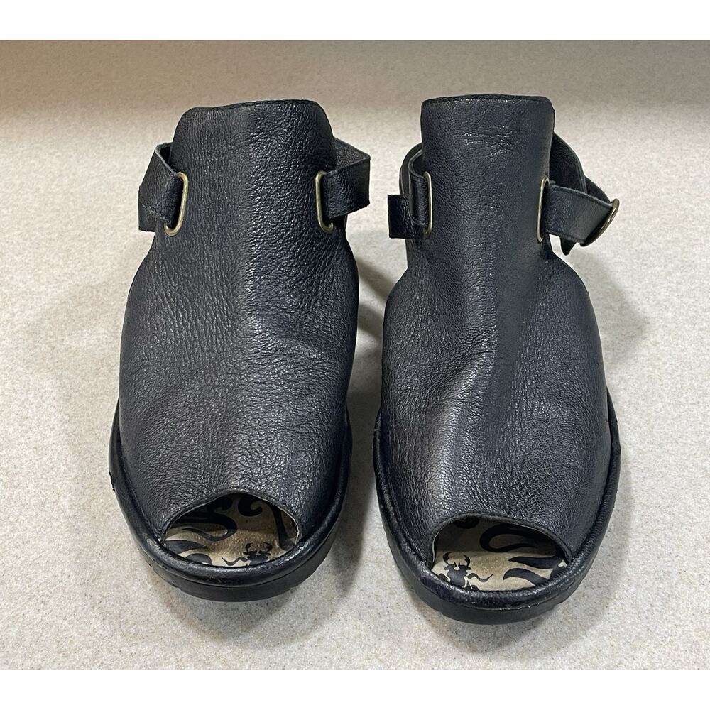 Fly London Peep Toe Sandals Shoes Adjustable Black Leather Women’s Size 42/US 11 - Picture 2 of 12